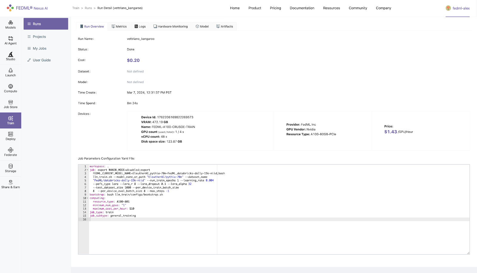 Serverless Training Cloud Service on FEDML Nexus AI with Seamless Experimental Tracking