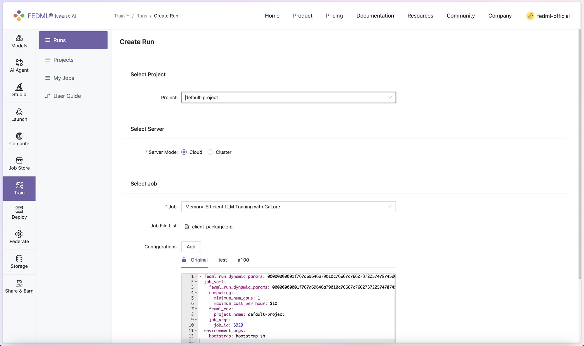 Serverless Training Cloud Service on FEDML Nexus AI with Seamless Experimental Tracking