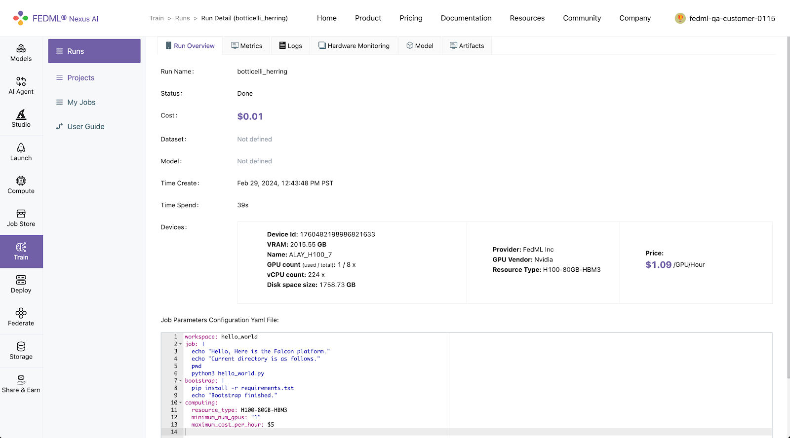 Serverless Training Cloud Service on FEDML Nexus AI with Seamless Experimental Tracking